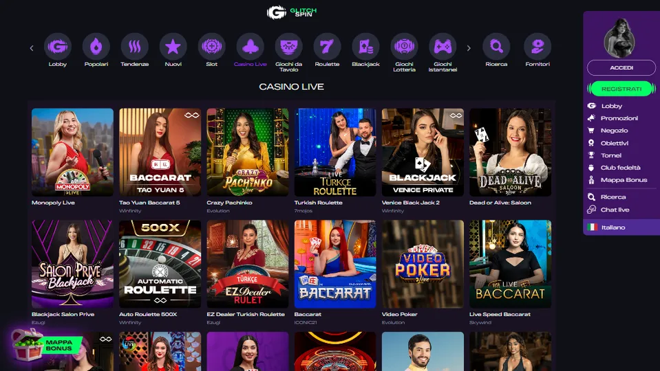 esempi giochi live disponibili su Glitch Spin Casino